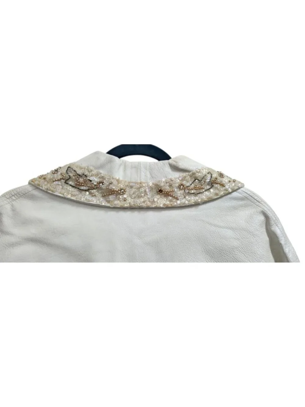 Vintage White Genuine Leather Beaded Sequin Jacket Women Cropped Open Front Boho